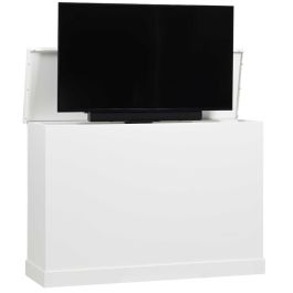 Armor outdoor TV lift cabinet in white with TV raised