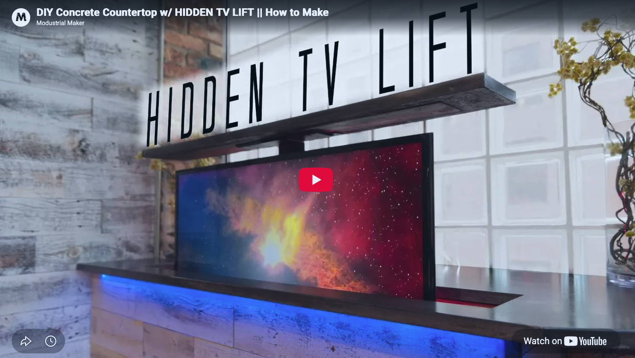 Hidden TV Lift Under a 7-Foot Concrete Countertop (Modustrial Maker Build)