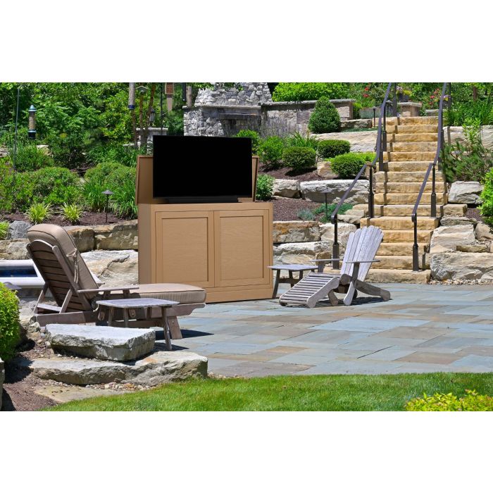 Outdoor Shiplap TV Lift Cabinet – Stylish, Weather-Ready Outdoor Entertainment
